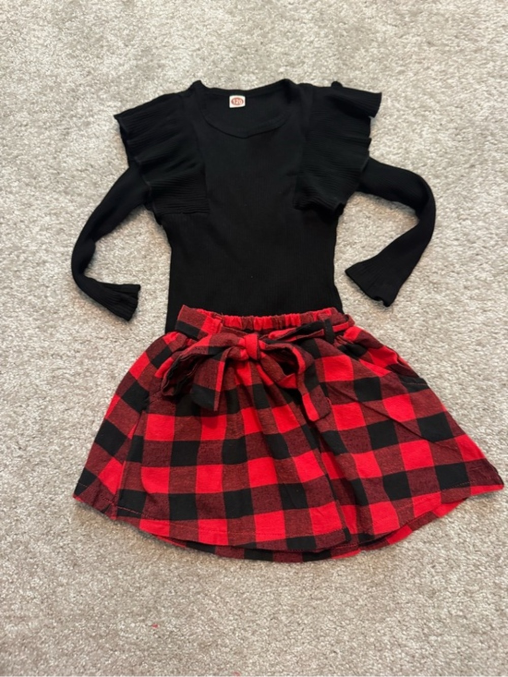 Black Ribbed Top with Red & Black Buffalo Plaid Skirt